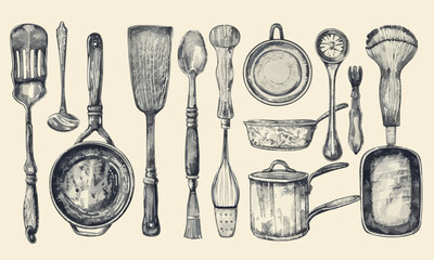 Set of kitchen utensils for cooking vintage-style hand-drawn design, illustration