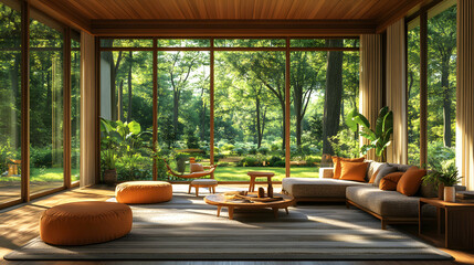 Fototapeta premium Serene living room with floor-to-ceiling windows showcasing a lush green forest view. Sunlight streams in, illuminating a modern, minimalist design with comfortable seating and natural materials.