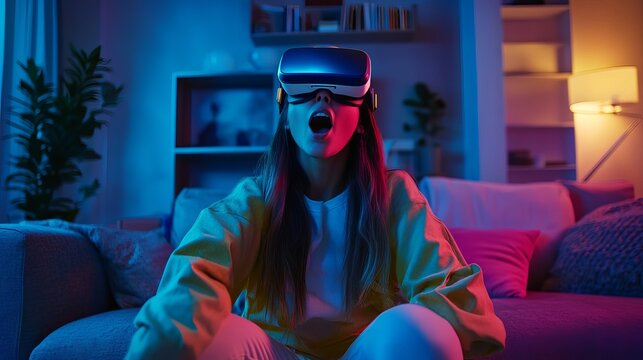 Woman with vr headset on couch with open mouth in colorful lighting in living room at night time