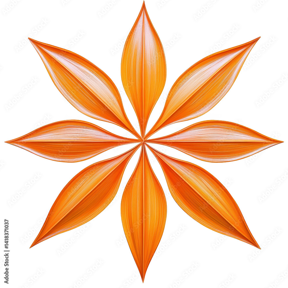 Poster this features symmetrical, abstract design resembling star or flower with orange, leaf like petals r