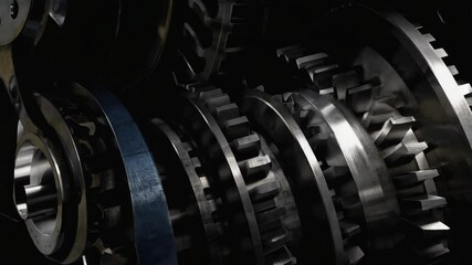 Industrial gears turning, metal cogs rotating in a dark setting, mechanical engineering process, complex machine mechanism, teamwork