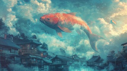 Obraz premium A giant koi fish swimming through the clouds above a traditional Japanese village, surrealism