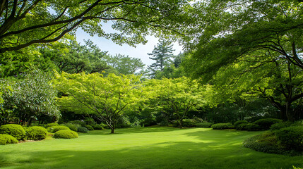 Naklejka premium Green Lush Garden With Sunlight Filtering Through Trees