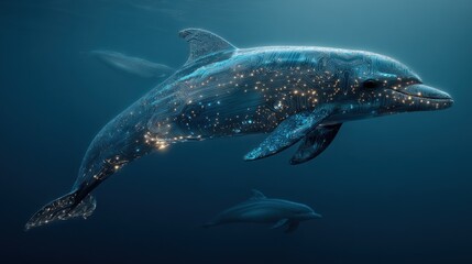 Fototapeta premium Bioluminescent cybernetic dolphin with glowing circuit board patterns swimming underwater in a hyperrealistic ocean scene, detailed futuristic marine wildlife digital art, 8k photorealistic style