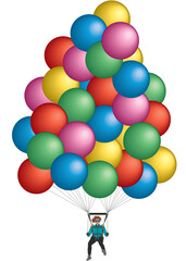 cluster ballooning, female balloonist in flight suspended under a cluster of balloons isolated on a white background