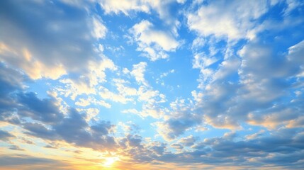 Fototapeta premium A vibrant blue sky filled with fluffy clouds illuminated by the rising sun.