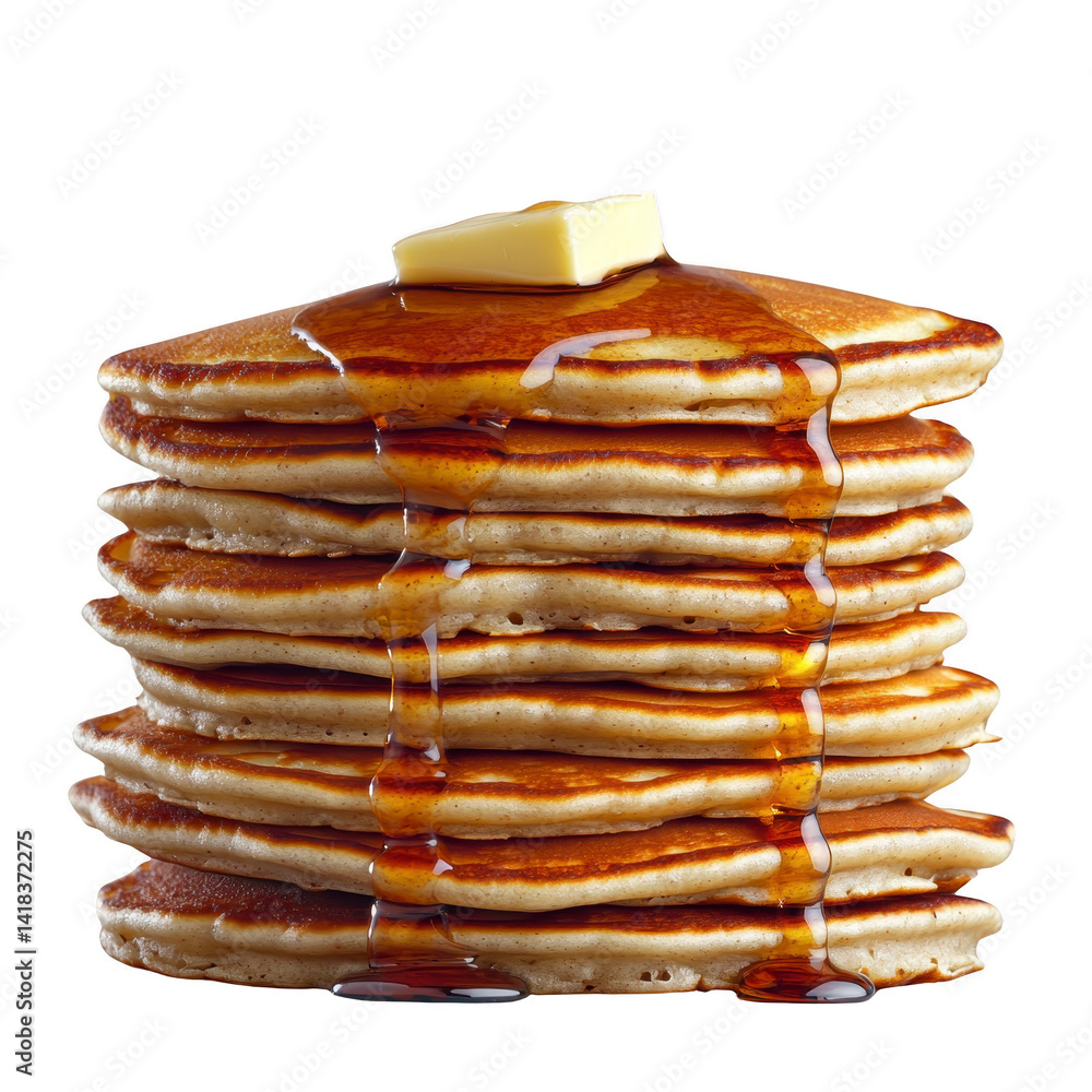 Poster stack of fluffy pancakes topped with pat of butter and drizzled with syrup, creating mouthwatering b