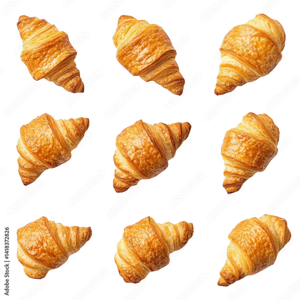 Poster golden, flaky croissants arranged in grid pattern on transparency background, showcasing their butte