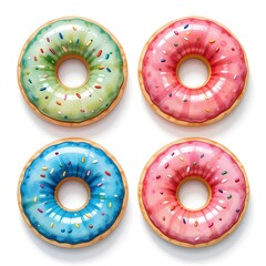 Fototapeta premium Brightly colored glazed donuts for a special party. 3d illustration of most delicious colorful donuts.