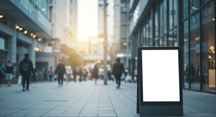 Street scene with pedestrians walking past a blank advertisement board, warm sunlight creating a lively atmosphere, modern urban environment