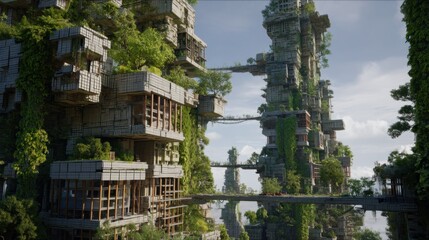 Futuristic eco-friendly cityscape with organic bio-architecture, lush greenery, modular high-rise buildings, vertical gardens, nature-integrated, environmental sustainability concept