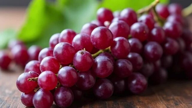Juicy Red Grapes on Rustic Wood Close Up View with Lush Green Leaves