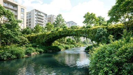 A modern bridge engulfed in vibrant green moss and ferns crossing a serene river in a cityscape epitomizing sustainable urban design
