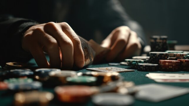 Poker player&rsquo;s hands arranging cards at green casino table with vibrant gambling chips in cinematic moody lighting, high-stakes private room, close-up photography capturing game intensity