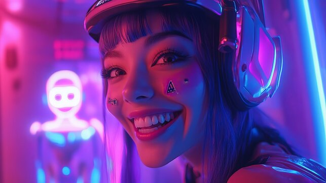 Close up of a smiling woman with headphones and futuristic stickers in a neon lit environment