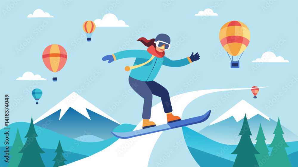 Poster a snowboarder practicing their balance and control on a virtual halfpipe while hot air balloons floa