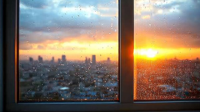 City view through rain-streaked window at sunset - Powered by Adobe