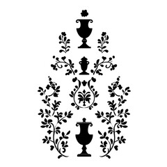 Ornate black floral pattern with symmetrical design featuring vases and intricate leaves, creating elegant and classic look. detailed motif is reminiscent of vintage wallpaper or textile designs