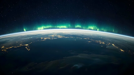 Earth At Night With Aurora And City Lights