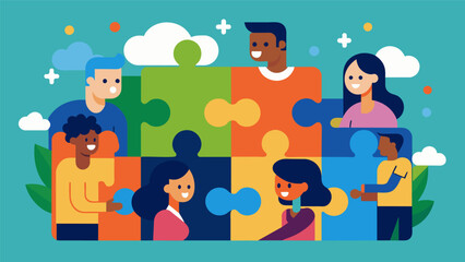 A puzzlethemed mural with each puzzle piece representing a different community member coming together to create a beautiful and complete picture.. Vector illustration