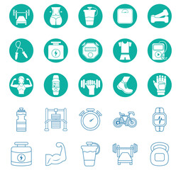 Vector Illustration Mega Collection of Twenty-Five Simple Circular Gym and Fitness Icons in Blue on a White Background, Including Equipment, Apparel, and Accessories.