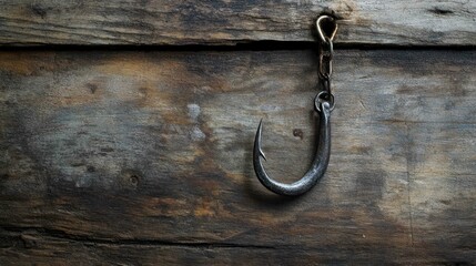 A weathered wood background features a hanging metal fishhook.