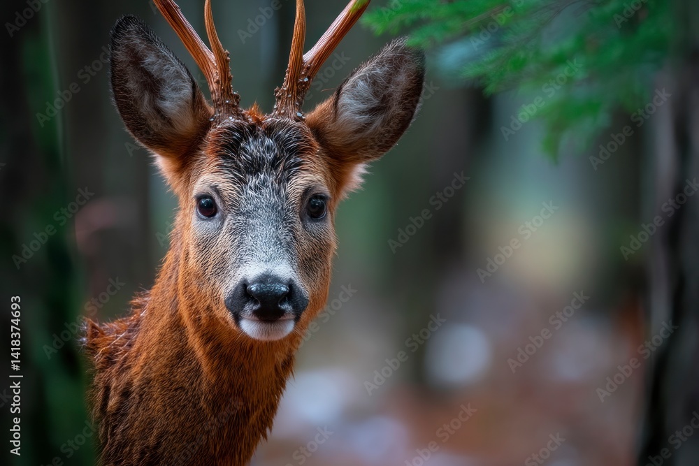 Poster curious deer looking at camera in forest with soft background