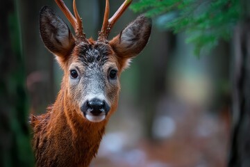Obraz premium Curious Deer Looking at Camera in Forest with Soft Background
