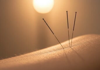 Close-up shows an acupuncture treatment with needles inserted into skin for health.