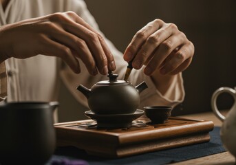 Hands carefully preparing tea with traditional tools, capturing the essence of tea ceremony's grace.