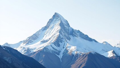Snow-covered mountain peak against clear white sky, sky, rock, landscape
