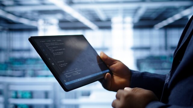 Programmer monitoring server room rigs, doing checkup, inputting data on tablet of needed fixes. IT specialist working in data center facility housing storage hardware, camera B close up