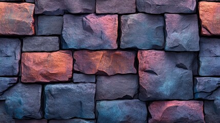 Multi-hued stone blocks form a repeating wall pattern.