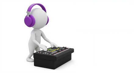 Minimalist character with oversized purple headphones adjusts audio mixing console sliders, engaging dynamically on a plain white background
