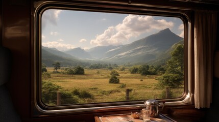 Luxury train cabin interior with elegant tableware and breakfast, framed view through large window of lush green valley and dramatic mountains under sunny sky, scenic landscape travel concept