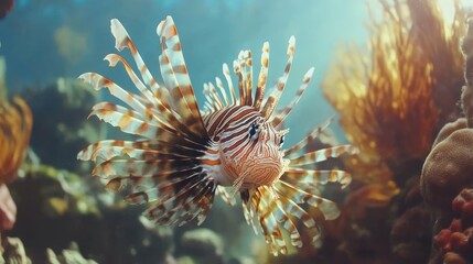 Striking lionfish portrait swimming in crystal clear tropical waters.