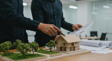 Professionals collaborating over architectural model with detailed house plans, focusing on design elements in a contemporary office setting