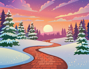 Naklejka premium serene winter landscape with snow-covered brick path, pine trees, and stunning sunset sky in warm orange, pink, and purple hues, peaceful nature scene