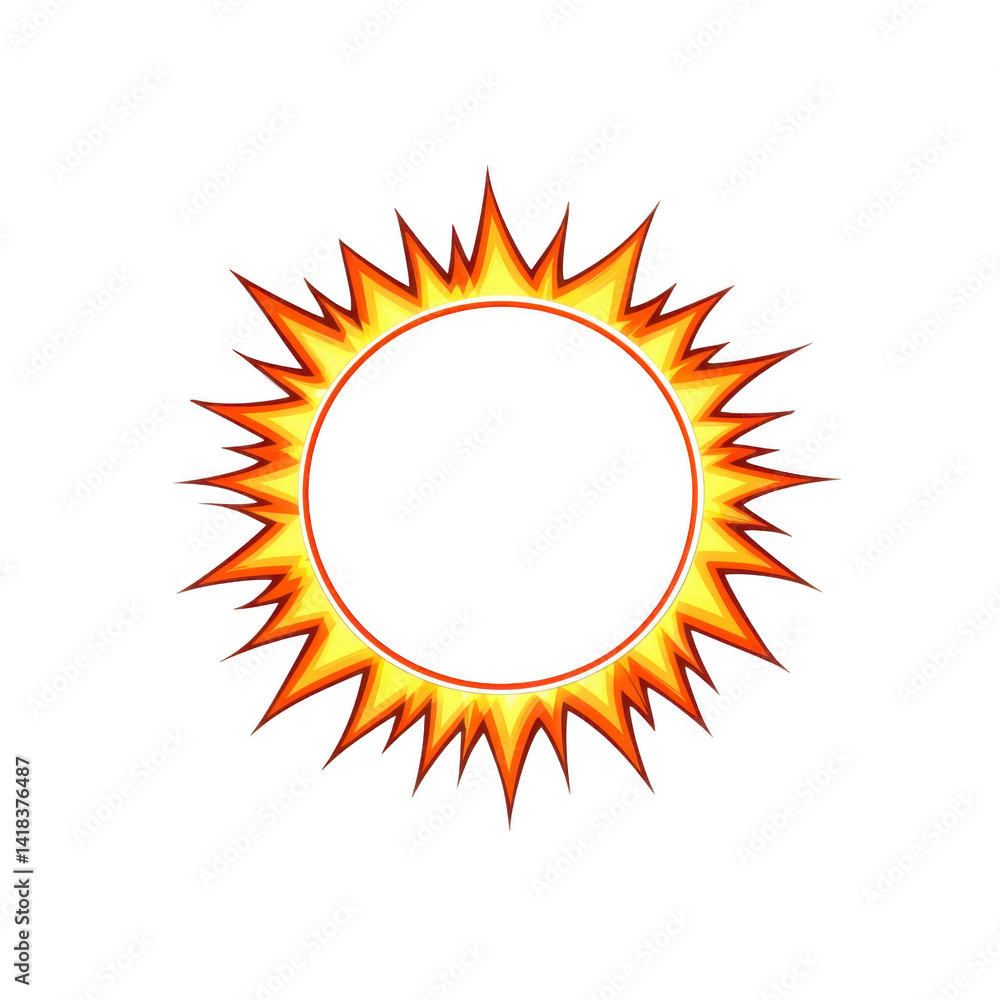 Poster vibrant, fiery sunburst design with sharp, pointed rays radiating outward, creating dynamic and ener