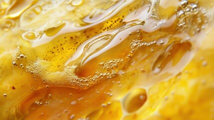 Close-up of yellow oil, bubbles, and liquid surface texture.