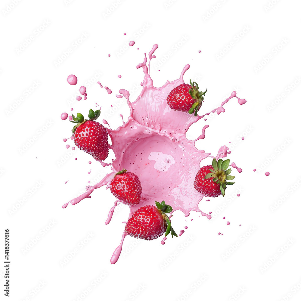 Poster vibrant splash of pink liquid with fresh strawberries creates dynamic and refreshing visual. strawbe