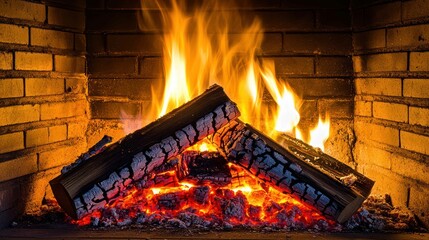 A crackling fireplace with burning logs set in a brick surround.