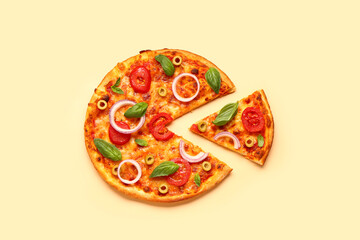Tasty pizza with olives, tomatoes and basil on yellow background