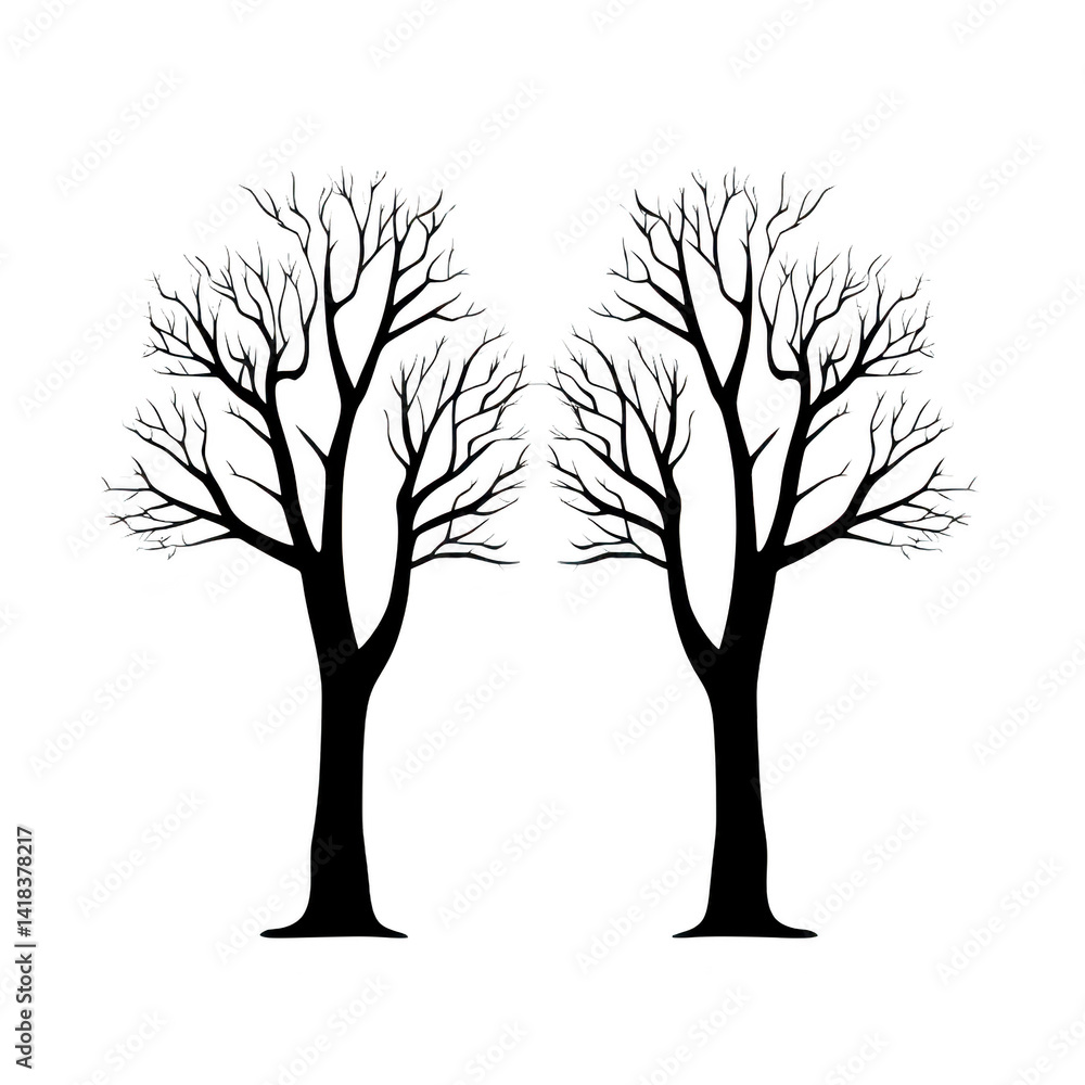 Poster two bare trees with intricate branches stand side by side, silhouetted against transparent backgroun