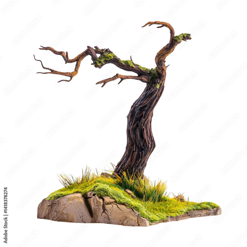 Poster gnarled, leafless tree stands on small patch of grass and rocks, evoking sense of solitude and resil