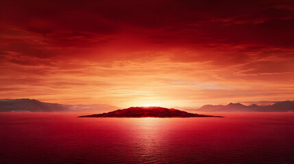 Fototapeta premium Fiery Red Sunset Over Island Cityscape