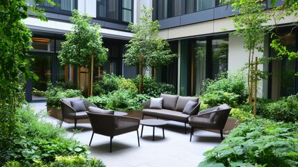 Naklejka premium Inviting courtyard with seating, lush plants, and modern architecture.