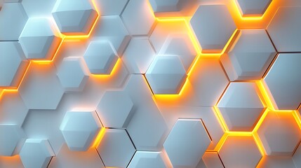 3D Hexagonal Pattern with Glowing Edges, Abstract 3D hexagonal pattern with glowing orange edges on a white background