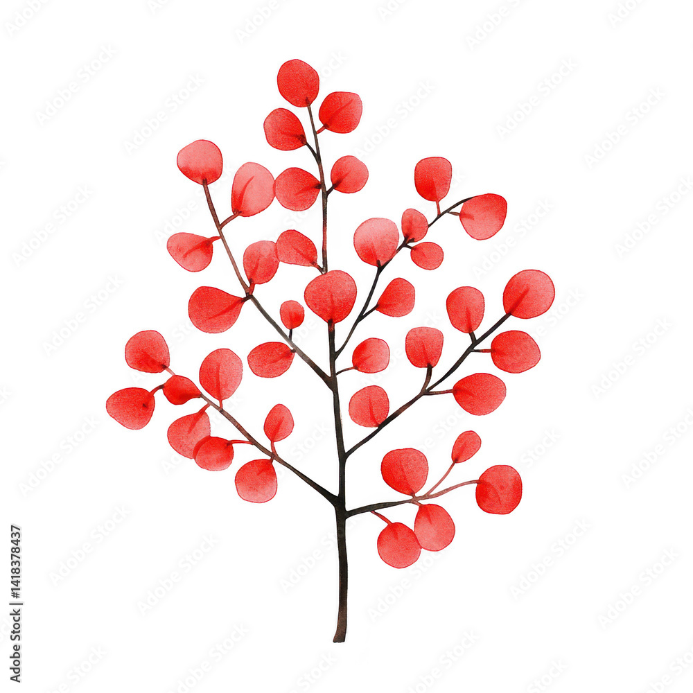 Poster vibrant illustration of branch with red leaves, showcasing natural and artistic design. leaves are r