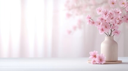 A white ceramic vase with delicate pink cherry blossoms on a minimalist white table, soft focus background with floral bokeh, and serene springtime ambiance.